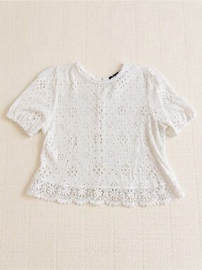 Miss Chievous Medium White Eyelet Lace Hem Puff Sleeve Blouse Cottagecore